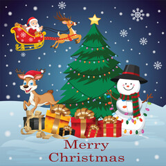 Merry Christmas Festive Scene with Santa, Snowman, and Gifts