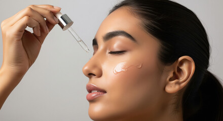 Beautiful woman applies facial serum for radiant, healthy skin.