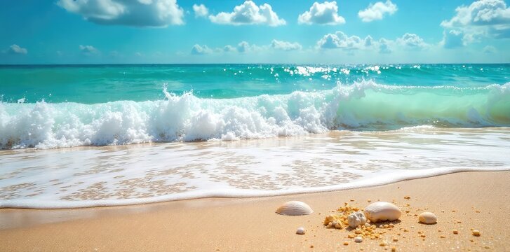 Sun-drenched beach scene, vibrant blue ocean waves crashing on golden sand, seashells scattered along the shore, a perfect summer day  Pure relaxation ,  seashells,  sunlight