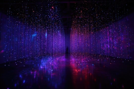 Moody corridor with hanging, illuminated orbs and a reflected glow. Dark tones create atmospheric depth