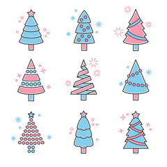 Christmas icon set. Color red and blue. Christmas trees. A collection of high-quality holiday pictograms in a modern flat style. Vector illustration isolated on white background
