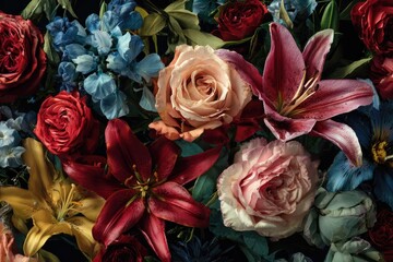 Lush floral arrangement with roses, lilies, and delphiniums in rich hues, against a dark background