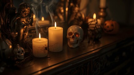 Close-up Halloween candles with spiders, cobwebs, and pumpkins on dark wood dresser, warm eerie glow