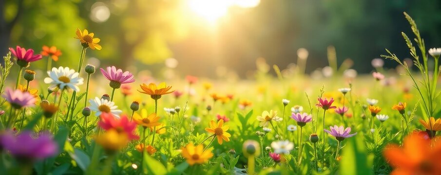 Sun-drenched meadow, vibrant wildflowers in full bloom, a tranquil scene embodying the carefree spirit of a summer mind Perfect for relaxation, mindfulness, and summer themes , vibrant, bright