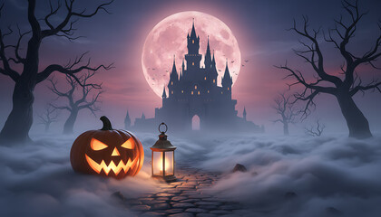 A glowing jack-o'-lantern and a lantern light a foggy path leading to a spooky fantasy castle under a dramatic full moon for a magical Halloween night.