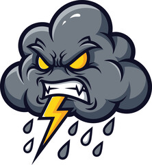 An angry cartoon storm cloud with a lightning bolt and rain, representing bad weather and negative emotions