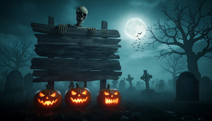 A spooky skeleton peers over a blank wooden sign in a misty graveyard with glowing jack-o'-lanterns under a full moon for a festive Halloween night.