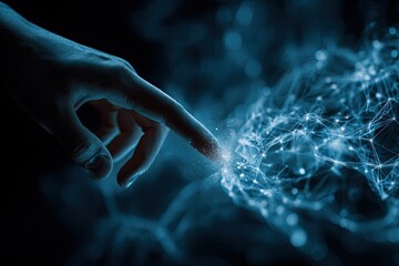 Hand touching a glowing network of interconnected nodes against a dark, blue background