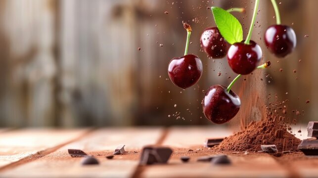 Fresh red cherries falling with cocoa powder and dark chocolate on wooden table background in rustic kitchen setting