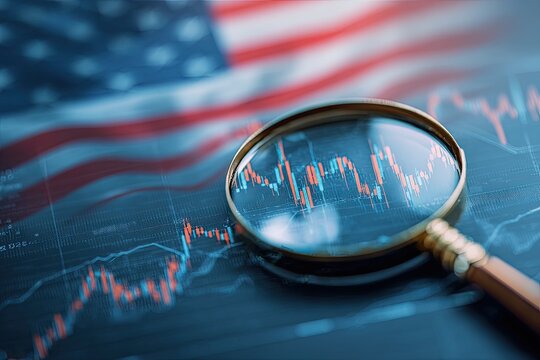 A close-up of a magnifying glass over a financial chart, the American flag in the blurred background