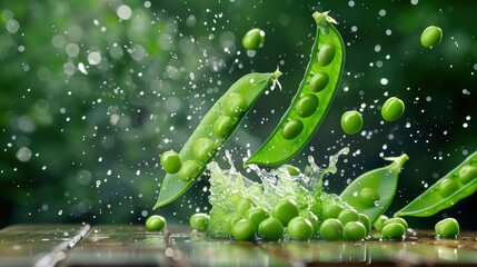 Fresh Green Peas Splashing in Water with Vibrant Green Background and Bokeh Effect