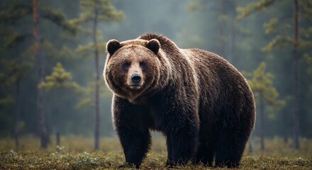 Strong brown bear in misty forest standing on green meadow