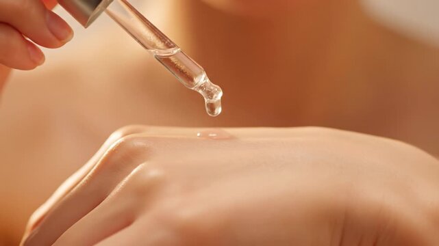 Nourishing skincare serum application using dropper highlights beauty and wellness, emphasizing hydration and self care for healthy skin through effective liquid application on hand