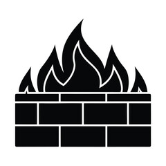 Fireplace with burning flames on a brick wall black silhouette