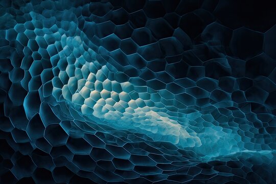 Abstract rendering of hexagonal, cellular structure; teal and dark shades with illuminated core