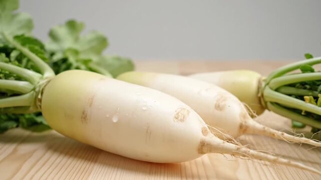 Three White Radishes with Green Leaves on Light Wooden Table and Gray Background for Fresh Harvest or Culinary Use Close Up