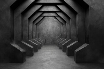 Perspective view of a modern, grey, concrete corridor with a geometric ceiling