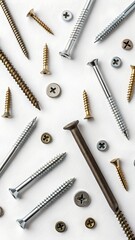 nails and screws scattered white background