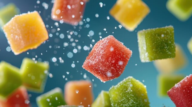Colorful Cubes of Candied Fruit Flying in the Air with a Soft Blue Background and Sugar Dust