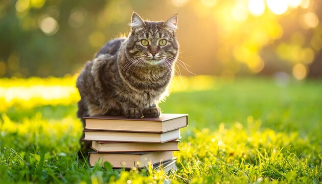 Fluffy tabby cat perched atop a stack of books in bright sunlight - Powered by Adobe