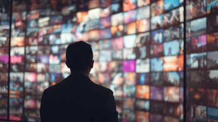 A person observes a vibrant display of various images, reflecting a mix of emotions and stories in a technological setting.