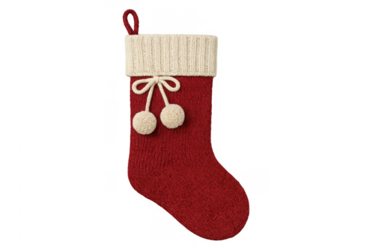 Red knitted christmas stocking with pom-poms on transparent background - Powered by Adobe