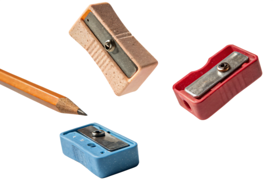 Erasers and pencil sharpeners floating, cutout PNG transparent background