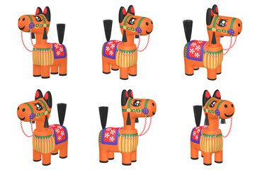 干支のイラスト素材　午年　馬の首振り人形（1）　オレンジ　カット六点セット