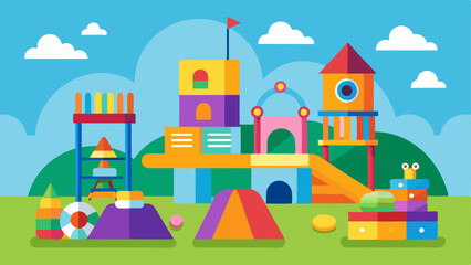 Fototapeta premium A colorful childrens play area with toys books and a climbing structure.