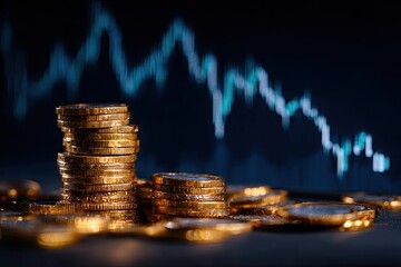 Stacks of coins with blurred downward-trending chart in the background