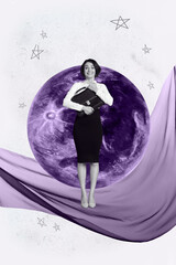 Vertical 3d poster art collage of happy girl guy stand space galaxy moon planet cosmos discovery...