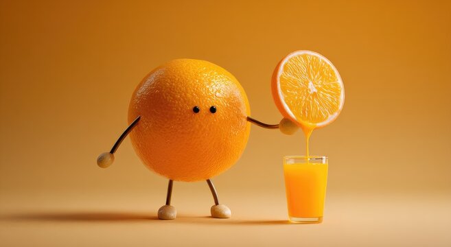 Animated orange character squeezing juice into a glass against a vibrant orange backdrop