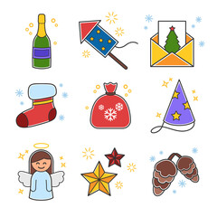 Christmas icon set. Champagne, firework, letter, sock, bag, cap, angel, star, bumps. A collection of high-quality holiday pictograms in a modern flat style. Vector illustration