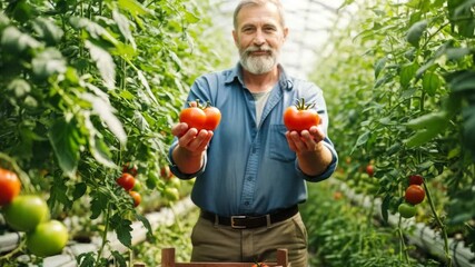 A smiling farmer proudly displays his freshly harvested ripe red tomatoes in a greenhouse setting - Powered by Adobe