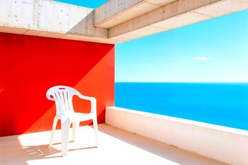 Fototapeta premium Red Wall White Chair Ocean View