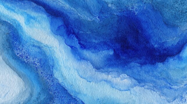 Flowing layers of blue watercolor paint create a serene abstract waterscape on textured paper evoking the gentle movement of ocean currents - Powered by Adobe