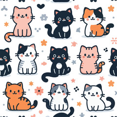art line of funny cute cat pattern with flat design on png Transparent 