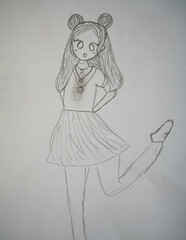 Young girl with long hair styled in playful buns, wearing a cute dress and striking a fun pose,...