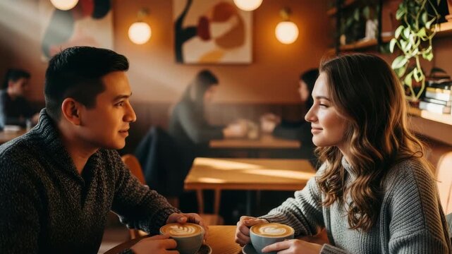 A couple enjoys coffee and conversation at a cozy cafe, bathed in warm, ambient light and surrounded by softfocus patrons
