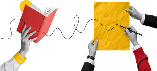 A red book is held by a hand a yellow crumpled paper is drawn on by another hand with a black line connecting them collage art holding yellow paper drawing