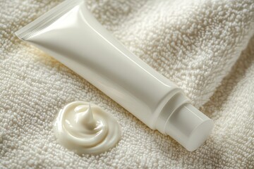 White cream tube with an extruded swirl of product on a textured towel. Skincare or cosmetic product concept for beauty and health.