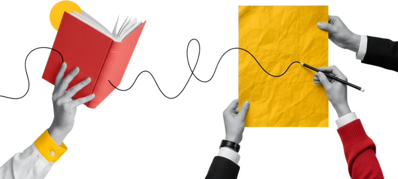 A red book is held by a hand a yellow crumpled paper is drawn on by another hand with a black line connecting them collage art holding yellow paper drawing