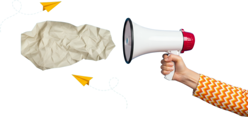 Hand Holding A White And Red Megaphone Emitting A Crumpled Beige Paper Speech Bubble With Two Yellow Paper Airplanes Flying Around On A Transparent Background