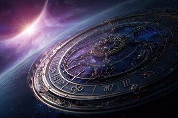 An ornate celestial clock against a cosmic backdrop featuring a planet and nebula