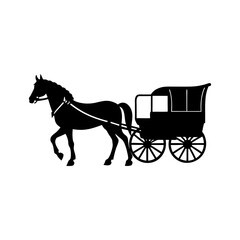 Silhouette of a horse pulling a carriage on a white background