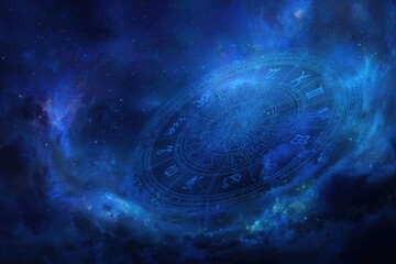 Celestial depiction featuring a glowing zodiac wheel within a swirling nebula