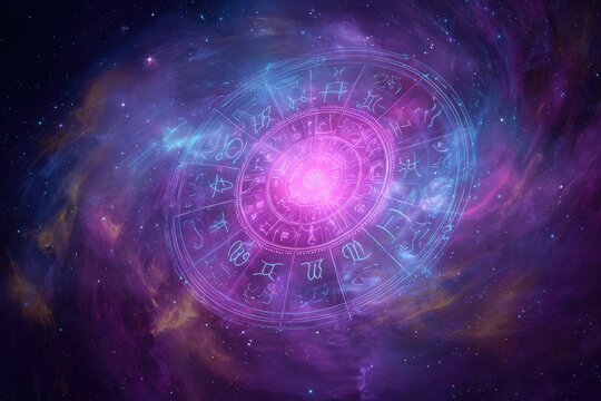 A cosmic illustration of a zodiac circle surrounded by vibrant purple and pink nebulae - Powered by Adobe