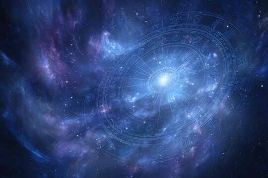 An artistic depiction of the universe, featuring a celestial wheel amidst cosmic dust and light