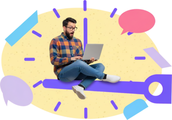A surprised man in glasses with a beard wearing a checkered shirt and jeans sits cross legged with a laptop on a colorful abstract clock face with speech bubbles