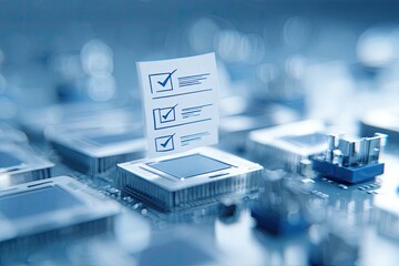 A document with checkmarks floats over a circuit board, representing data processing